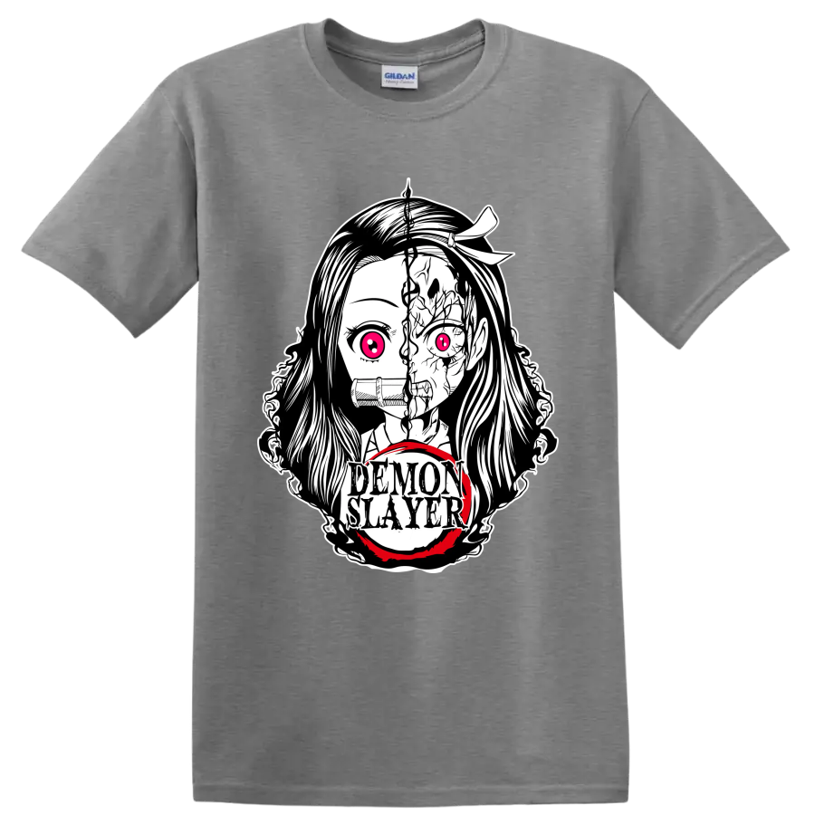 Nezuko Kamado split demon-form manga portrait with bamboo muzzle and Demon Slayer text on a Sport Grey T Shirt