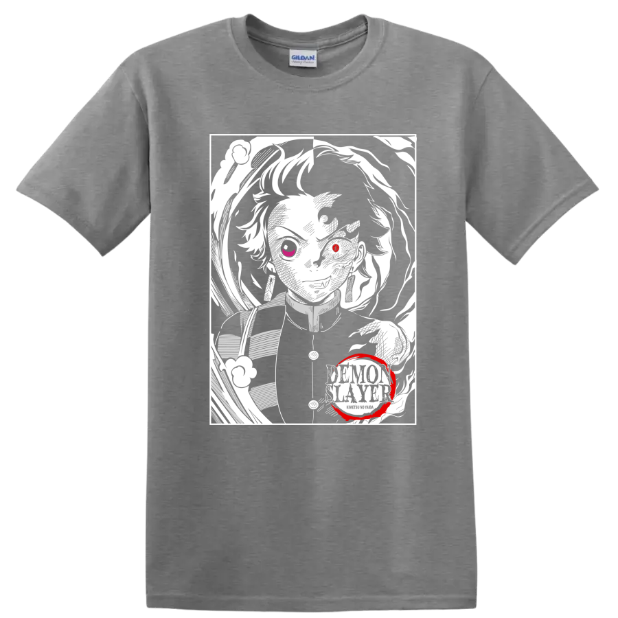 Rui from Demon Slayer in a high-contrast monochrome portrait with red accents on a Sport Grey T Shirt