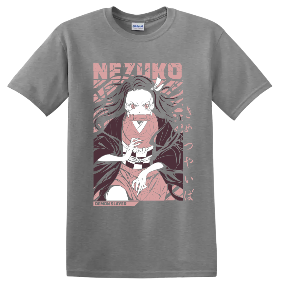 Nezuko Kamado manga-style portrait with flowing hair and bamboo muzzle on a Sport Grey T Shirt