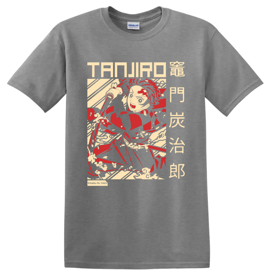 Tanjiro Kamado katana action graphic with manga lettering and sweeping motion lines on a Sport Grey T Shirt