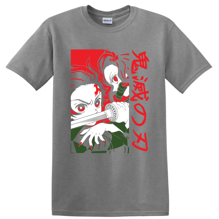 Tanjiro and Nezuko Kamado manga-style graphic with Nezuko's bamboo muzzle on a Sport Grey T Shirt