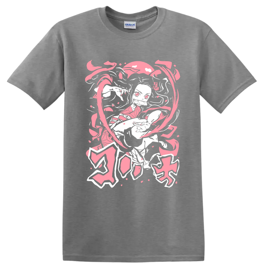 Nezuko Kamado manga-style portrait with pink petals and flowing ribbon shapes on a Sport Grey T Shirt
