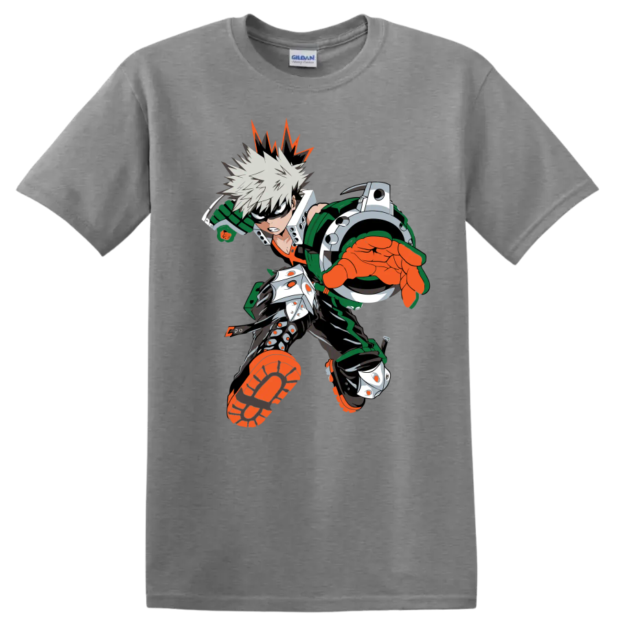 Katsuki Bakugo as Dynamight in a bold forward-charging anime action graphic on a Sport Grey T Shirt