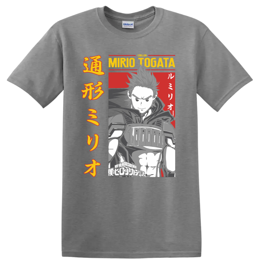 Mirio Togata Lemillion manga-style hero portrait with bold Japanese-inspired typography on a Sport Grey T Shirt