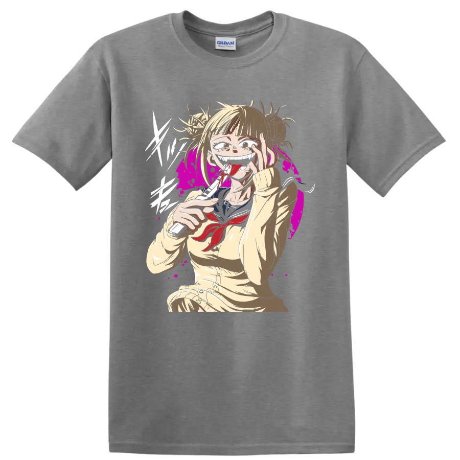 Himiko Toga anime illustration with blood accents and magenta splatter backdrop on a Sport Grey T Shirt