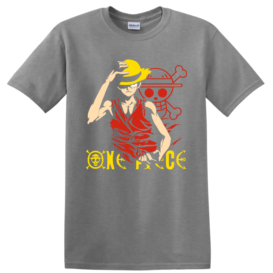 Monkey D. Luffy in a straw hat before a pirate skull anime graphic on a Sport Grey T Shirt