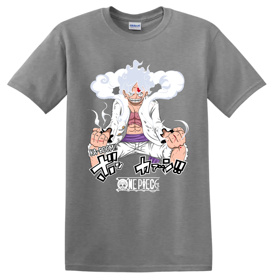 Monkey D. Luffy Gear 5 manga action art with swirling cloud effects on a Sport Grey T Shirt