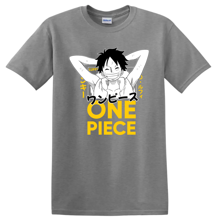 Monkey D. Luffy relaxed manga line art with Japanese text and yellow ONE PIECE lettering on a Sport Grey T Shirt
