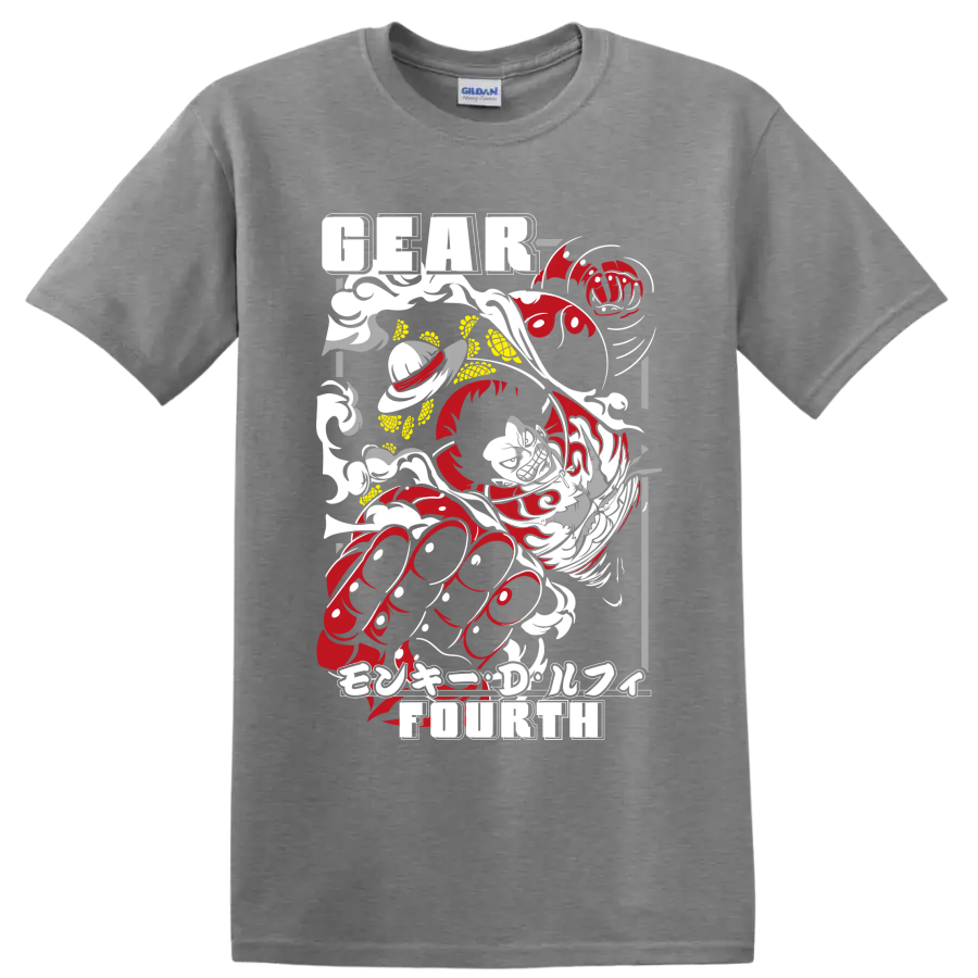 Monkey D. Luffy Gear Fourth distressed red and gray manga action graphic on a Sport Grey T Shirt