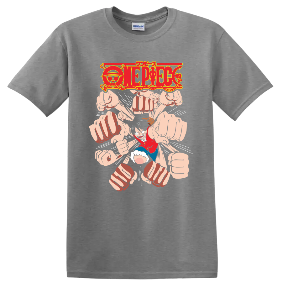 Monkey D. Luffy Gomu Gomu no Gatling manga graphic with One Piece logo and flying fists on a Sport Grey T Shirt