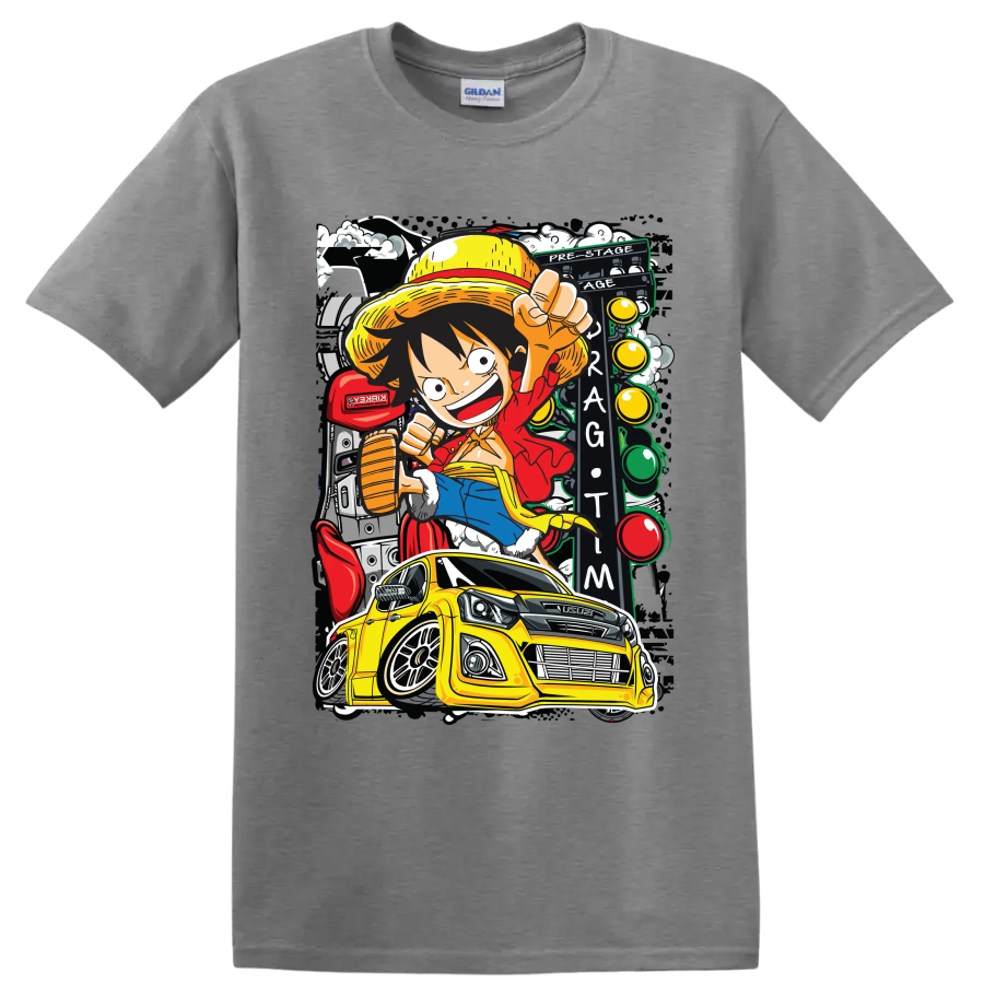 Monkey D. Luffy anime art with yellow Isuzu pickup and Thailook racing scene on a Sport Grey T Shirt