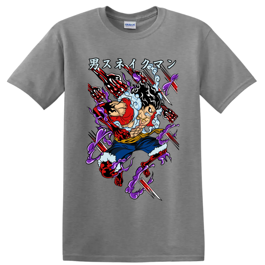 Monkey D. Luffy Gear 4 Snakeman anime-style action graphic with extended arms on a Sport Grey T Shirt