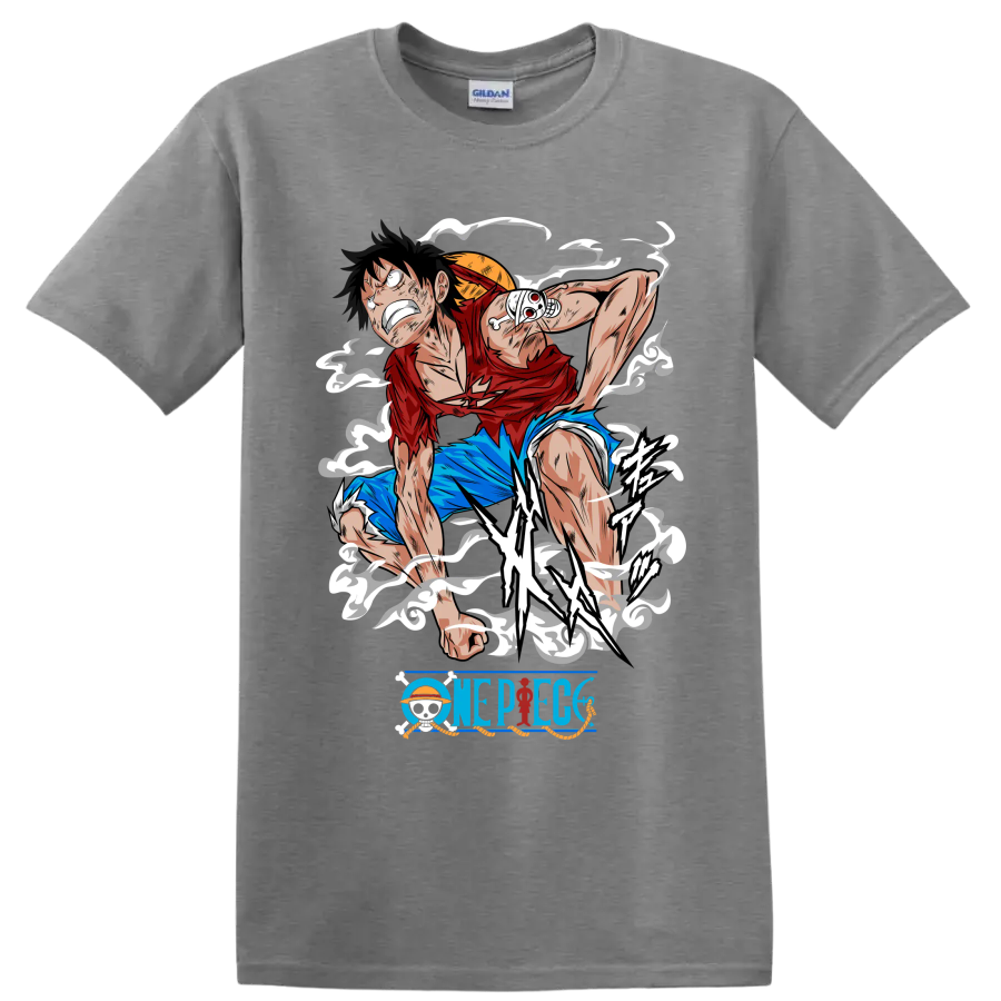 Monkey D. Luffy Gear 2 action graphic with steam effects and One Piece logo on a Sport Grey T Shirt