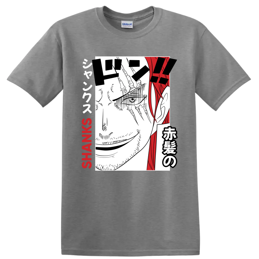 Shanks One Piece manga portrait with red hair, Japanese lettering, and SHANKS text on a Sport Grey T Shirt