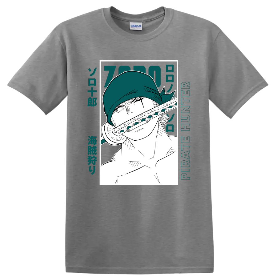 Roronoa Zoro Pirate Hunter manga portrait with sword and teal Japanese-style lettering on a Sport Grey T Shirt