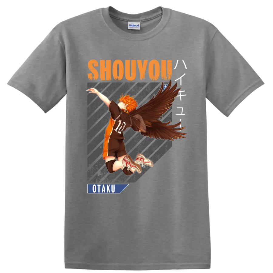 Shoyo Hinata winged volleyball anime graphic with Shouyou and Otaku text on a Sport Grey T Shirt