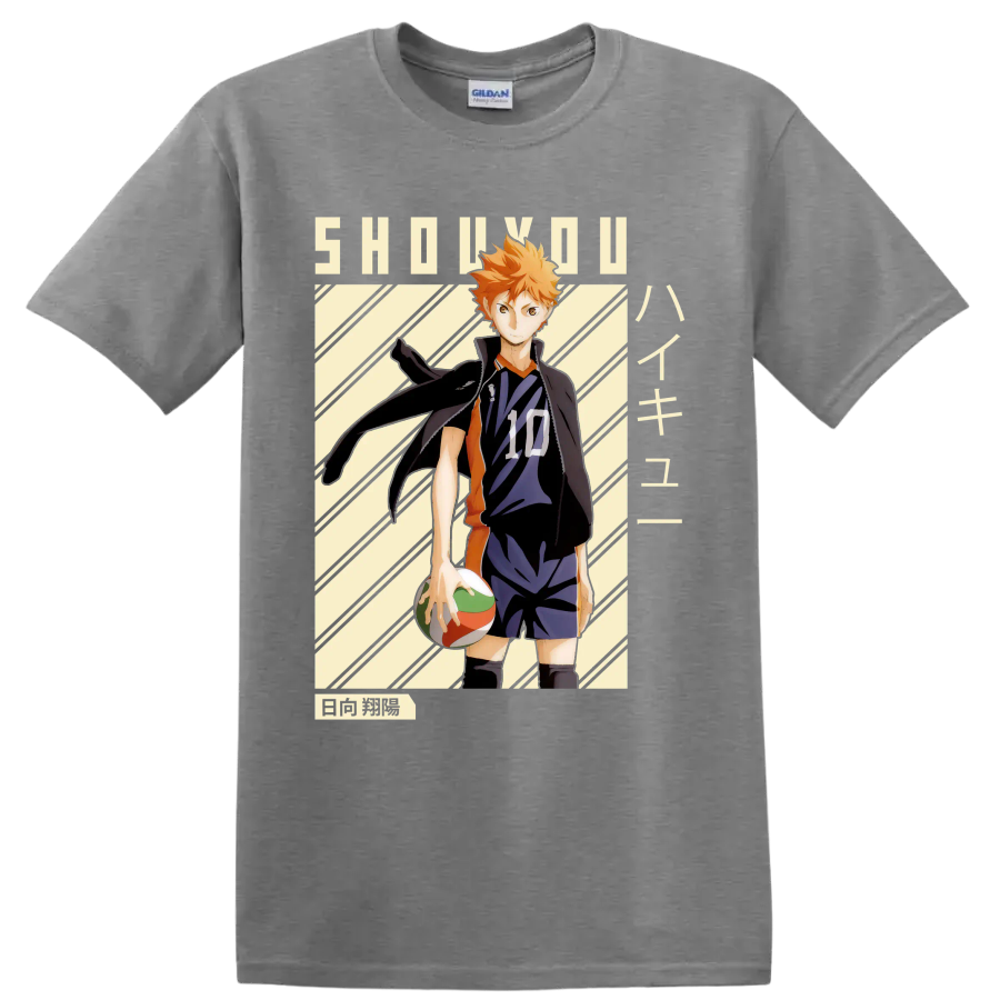 Shoyo Hinata in Karasuno number 10 uniform with volleyball manga-style graphic on a Sport Grey T Shirt