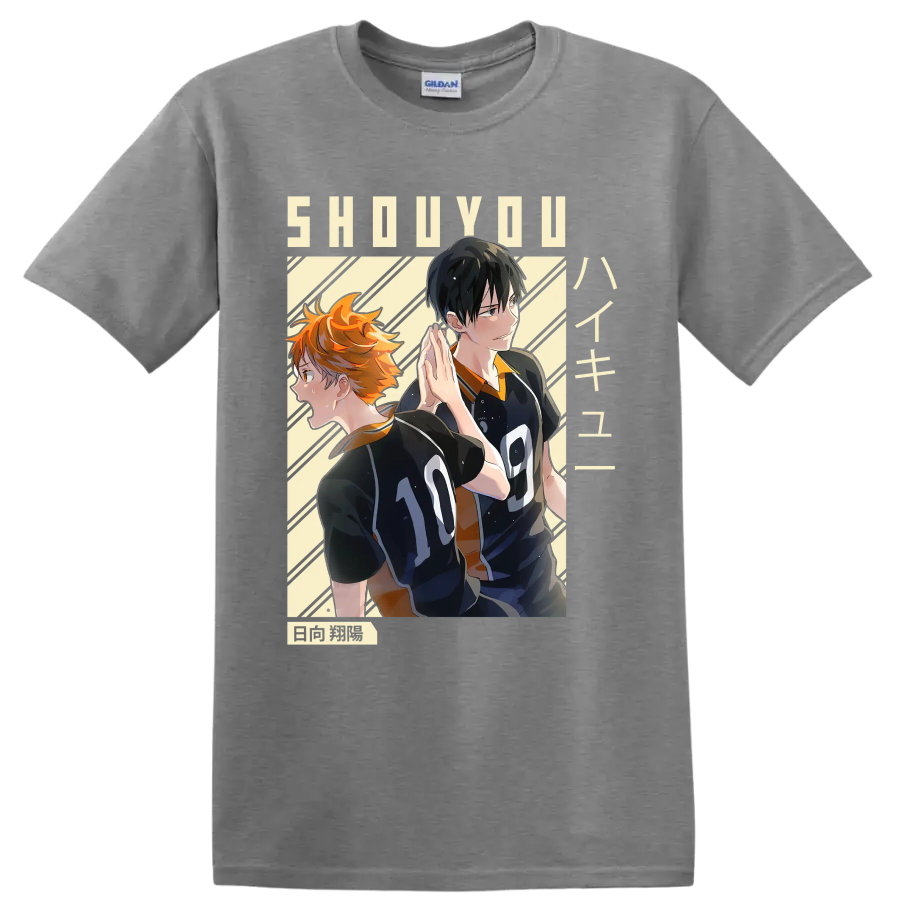Anime-style Shoyo Hinata and Tobio Kageyama in Karasuno volleyball uniforms on a Sport Grey T Shirt