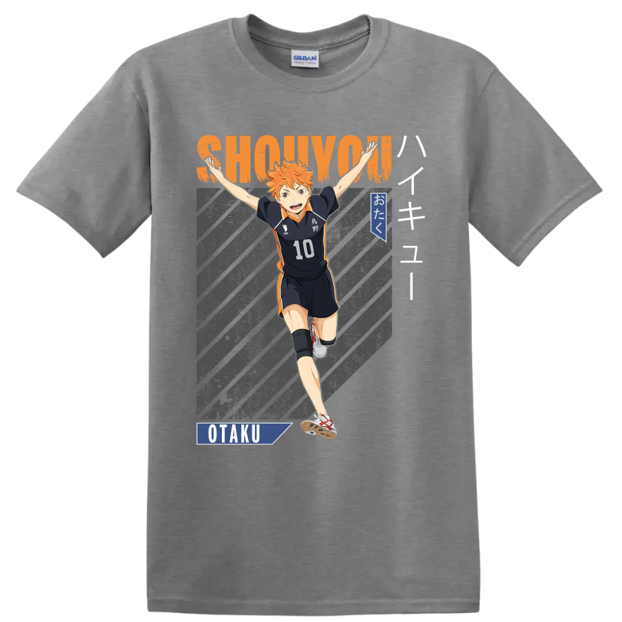 Shoyo Hinata in Karasuno No. 10 uniform with SHOUYOU lettering and otaku graphics on a Sport Grey T Shirt