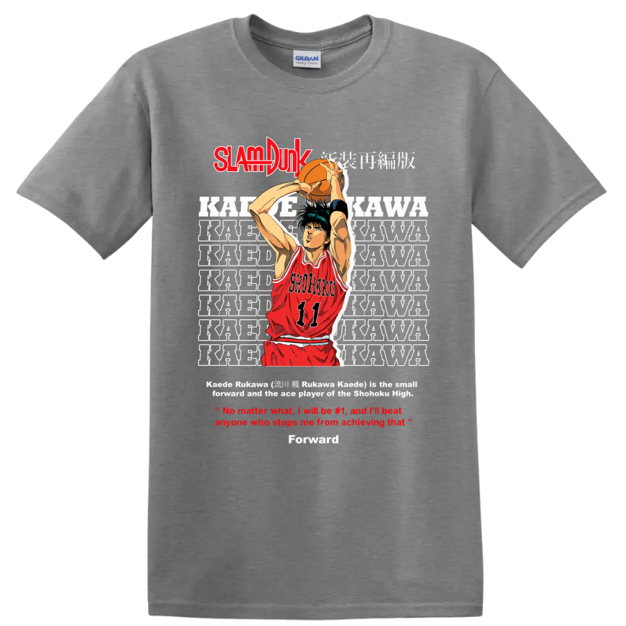Kaede Rukawa Slam Dunk manga basketball shooter graphic with Shohoku number 11 jersey on a Sport Grey T Shirt