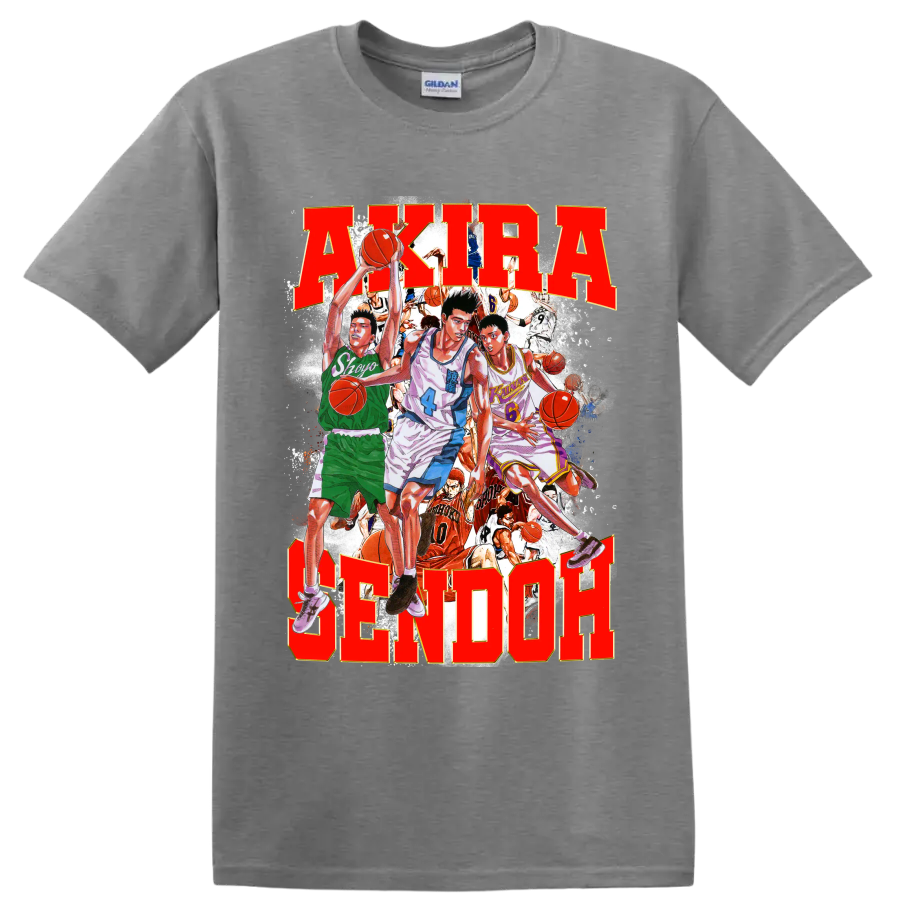 Slam Dunk manga collage with Sendoh, Fujima, Sakuragi and bold AKIRA SENDOH text on a Sport Grey T Shirt