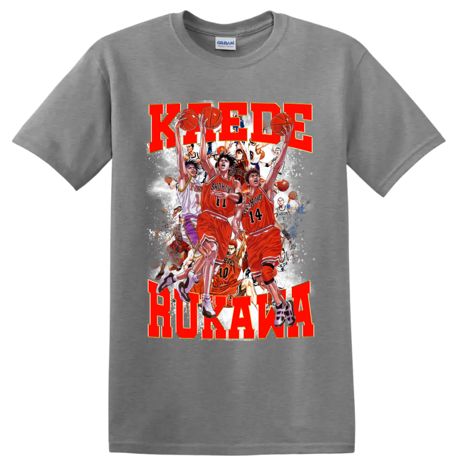 Kaede Rukawa Slam Dunk manga-style Shohoku basketball action collage on a Sport Grey T Shirt