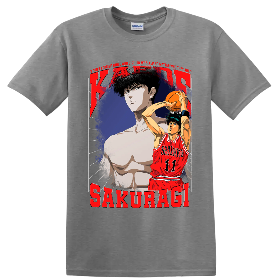 Kaede Rukawa Slam Dunk distressed Shohoku 11 basketball anime graphic on a Sport Grey T Shirt