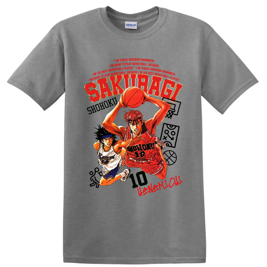 Slam Dunk manga graphic of Hanamichi Sakuragi and Nobunaga Kiyota playing basketball on a Sport Grey T Shirt