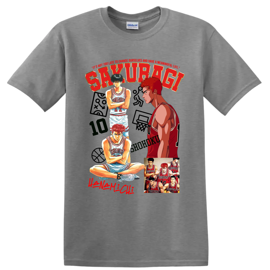 Slam Dunk manga collage of Hanamichi Sakuragi, Kaede Rukawa, and Shohoku players on a Sport Grey T Shirt
