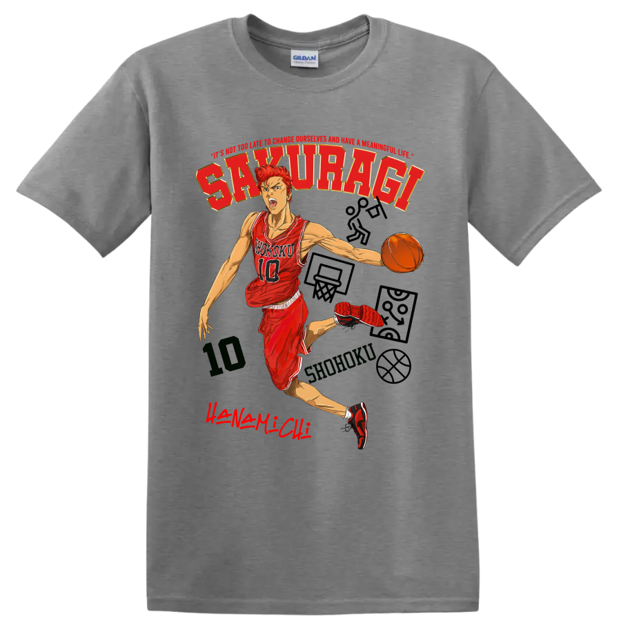 Hanamichi Sakuragi Slam Dunk manga basketball action graphic with Shohoku jersey on a Sport Grey T Shirt