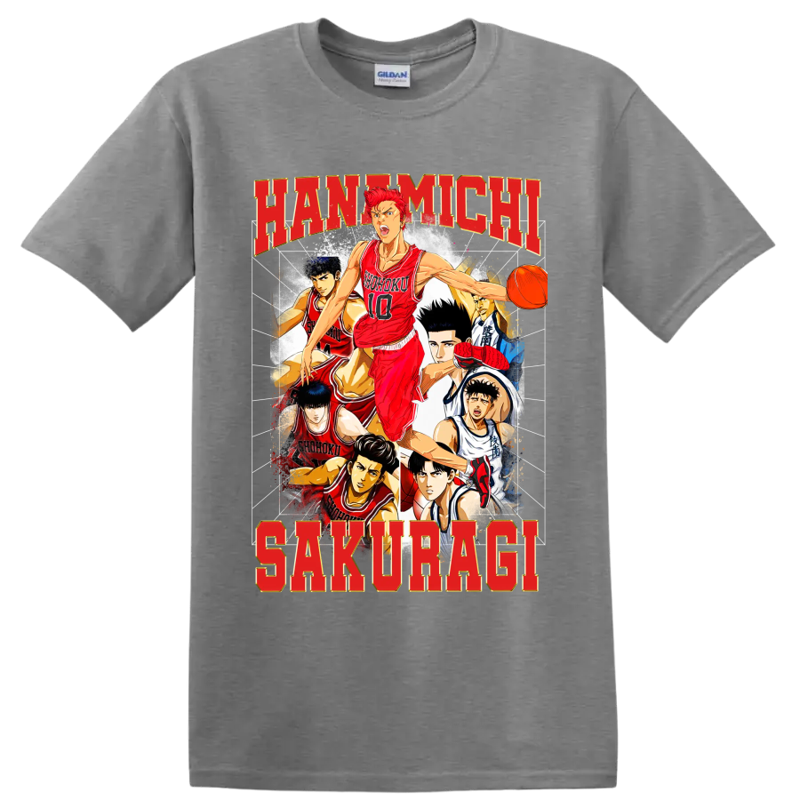 Hanamichi Sakuragi Slam Dunk manga basketball collage with Shohoku players on a Sport Grey T Shirt