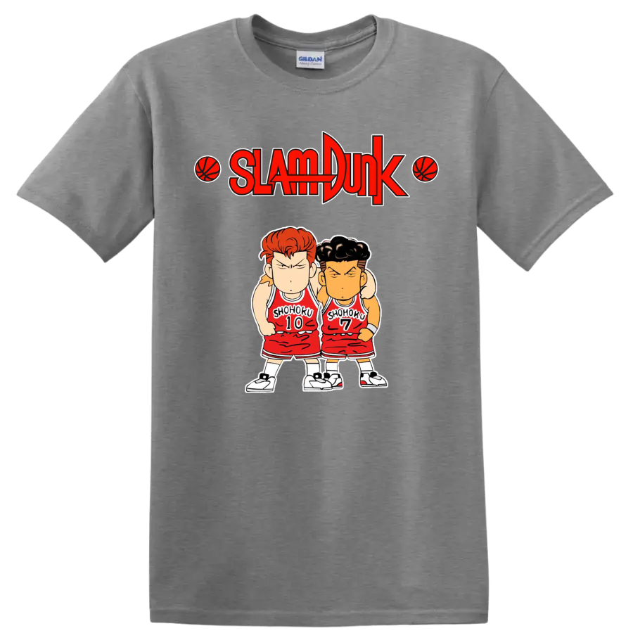 Chibi Hanamichi Sakuragi and Ryota Miyagi in Shohoku uniforms beneath Slam Dunk logo on a Sport Grey T Shirt