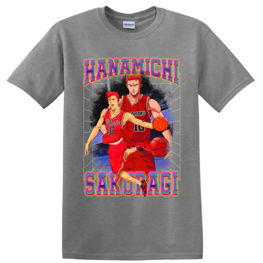 Hanamichi Sakuragi Slam Dunk basketball action in colorful retro poster art on a Sport Grey T Shirt