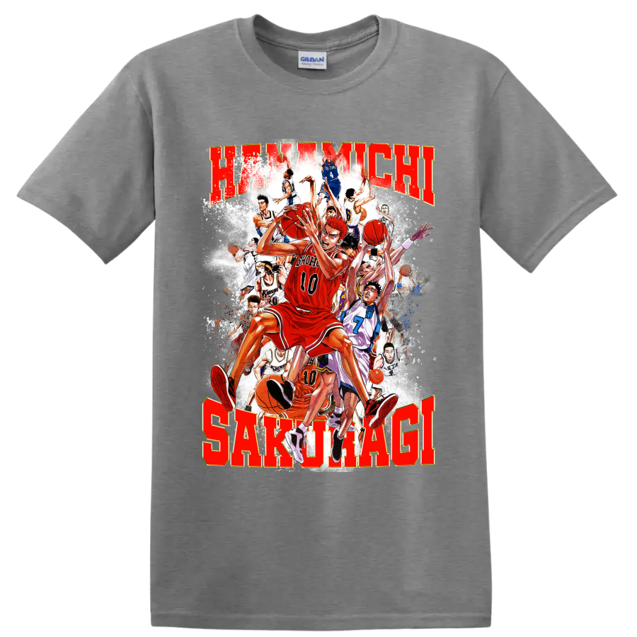 Hanamichi Sakuragi Slam Dunk manga basketball collage with distressed red lettering on a Sport Grey T Shirt