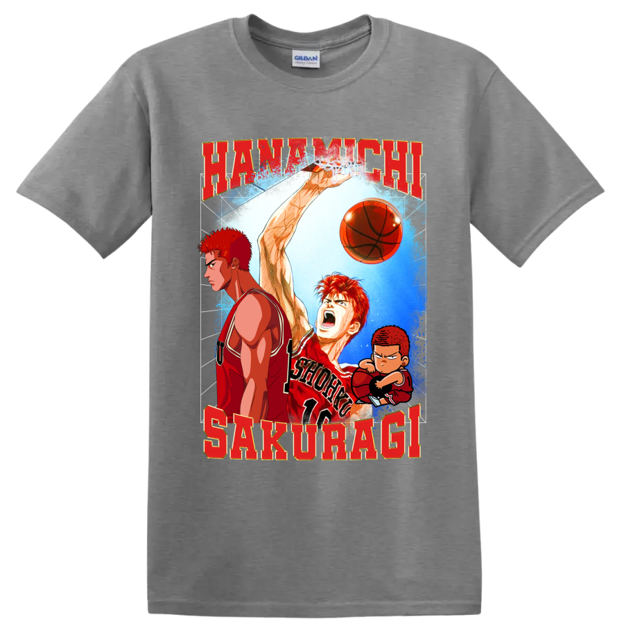 Hanamichi Sakuragi Slam Dunk manga basketball graphic with red lettering and chibi art on a Sport Grey T Shirt