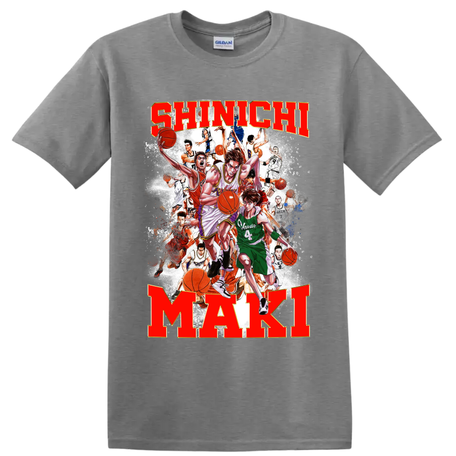 Shinichi Maki Slam Dunk manga basketball collage with bold name lettering on a Sport Grey T Shirt