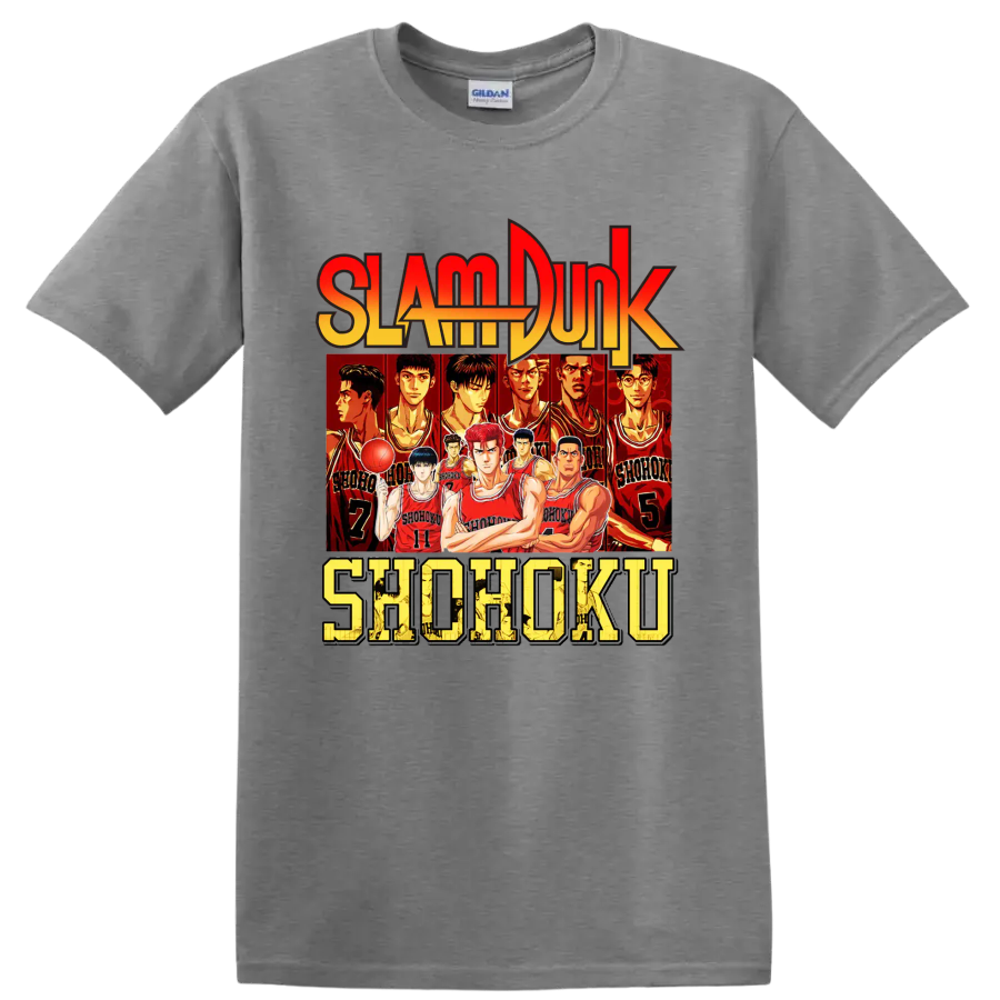 Slam Dunk Shohoku basketball team anime graphic with red jersey player lineup on a Sport Grey T Shirt