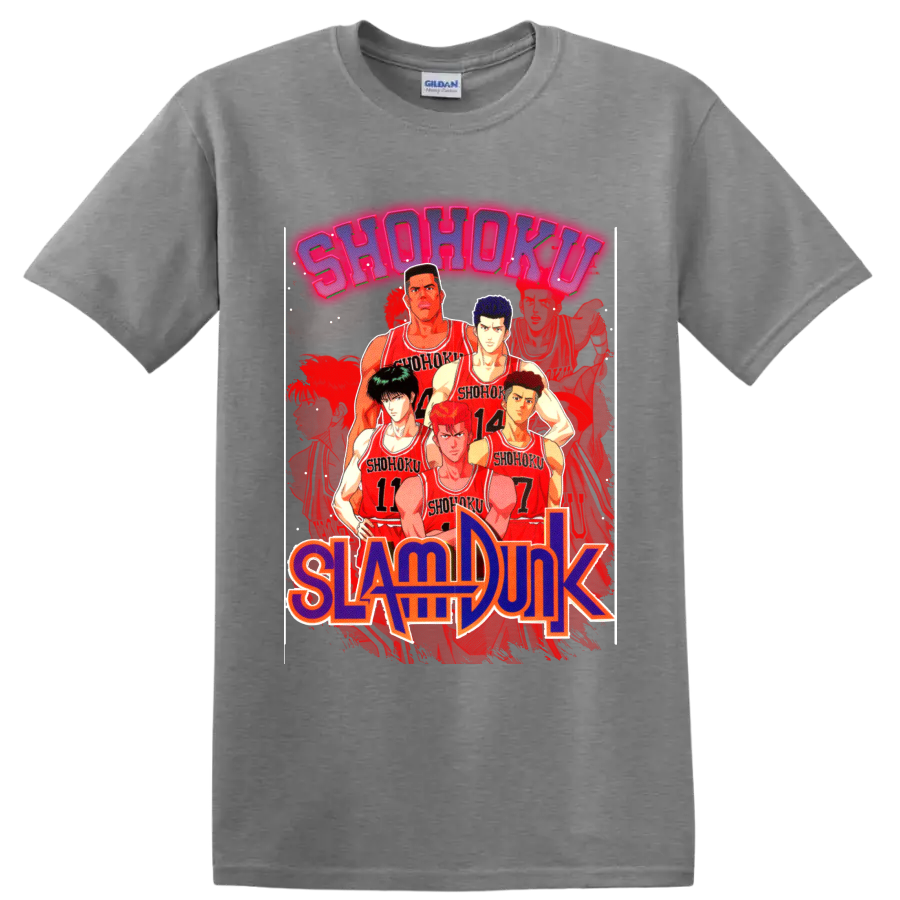 Slam Dunk Shohoku basketball team lineup in red jerseys with bold manga lettering on a Sport Grey T Shirt