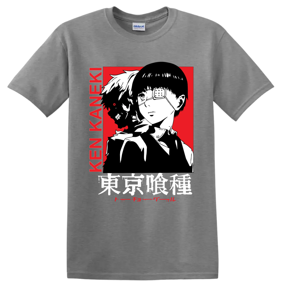 Ken Kaneki Tokyo Ghoul manga portrait with glasses, dark profile, and red backdrop on a Sport Grey T Shirt
