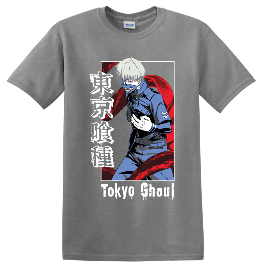 Ken Kaneki masked anime portrait with red kagune in dark Tokyo Ghoul manga style on a Sport Grey T Shirt