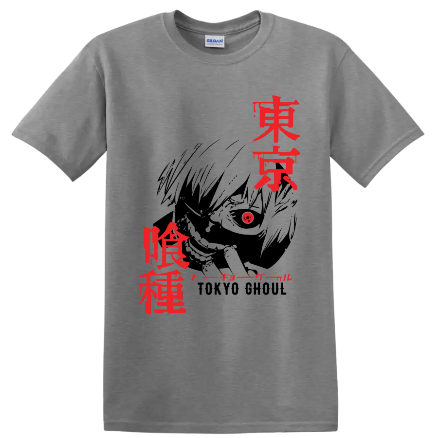 Ken Kaneki Tokyo Ghoul red Japanese title-style graphic print on a Sport Grey T Shirt