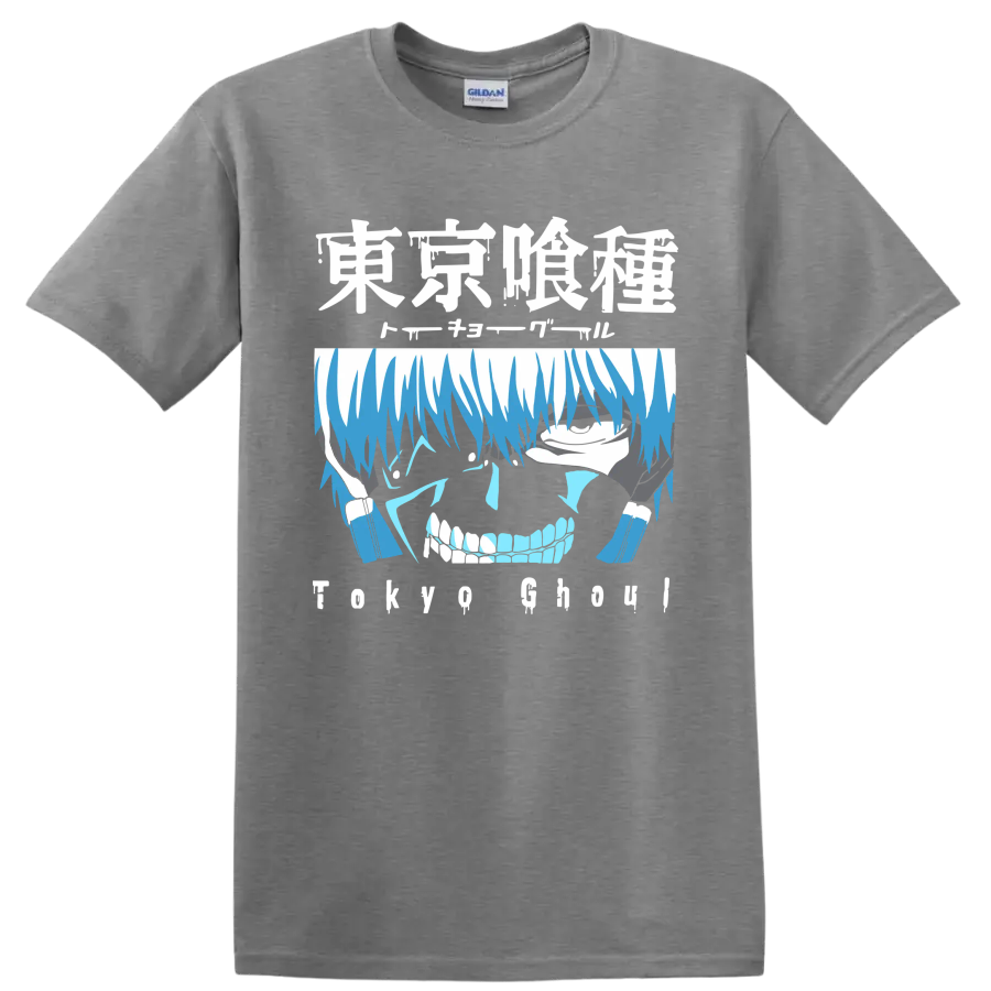 Ken Kaneki blue distressed anime portrait graphic from Tokyo Ghoul on a Sport Grey T Shirt