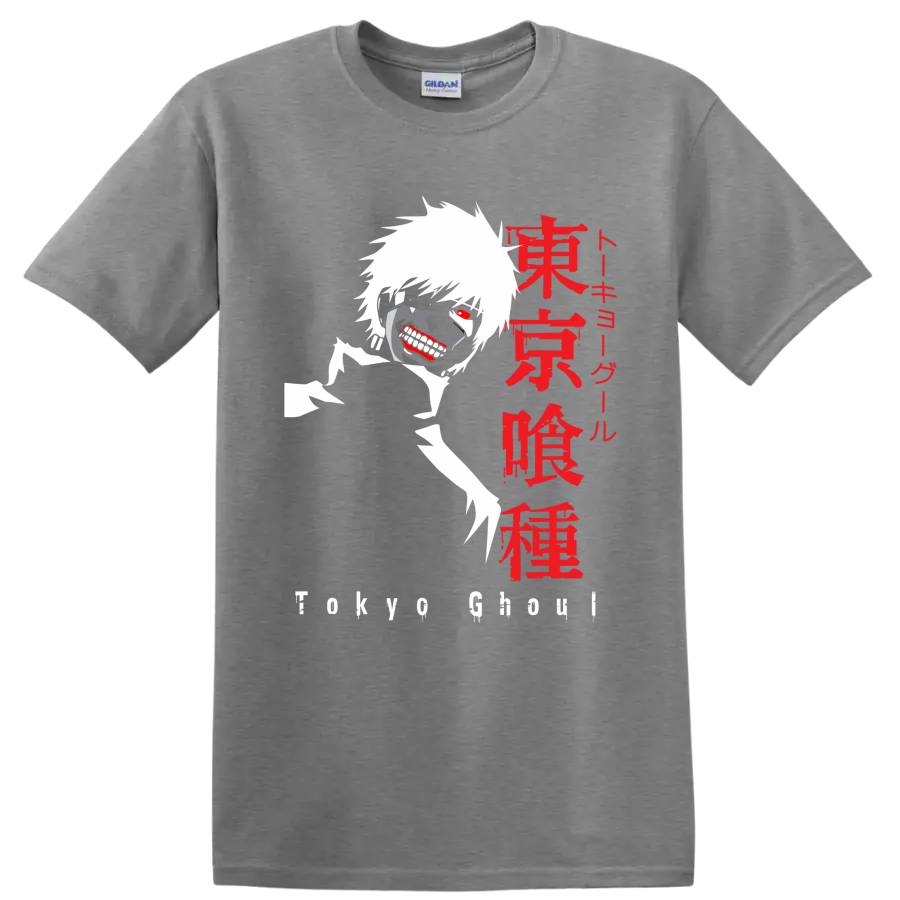 Ken Kaneki Tokyo Ghoul masked anime graphic with red eye and Japanese lettering on a Sport Grey T Shirt