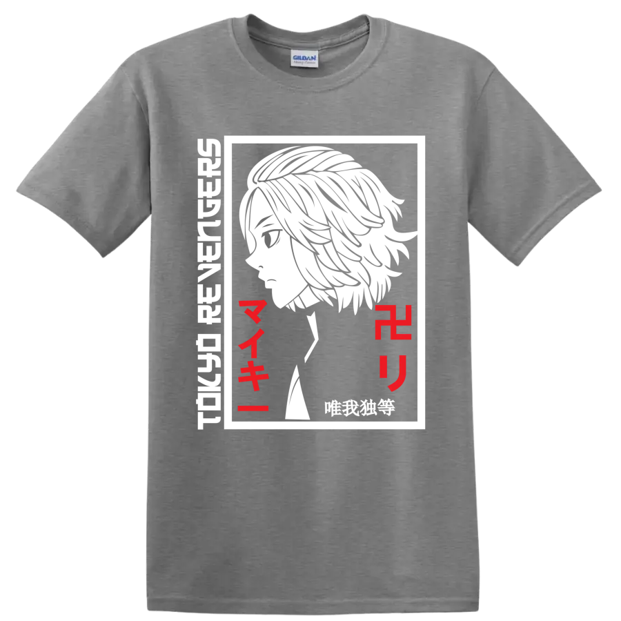 Manjiro Sano Mikey black-and-white manga portrait with red Japanese lettering on a Sport Grey T Shirt