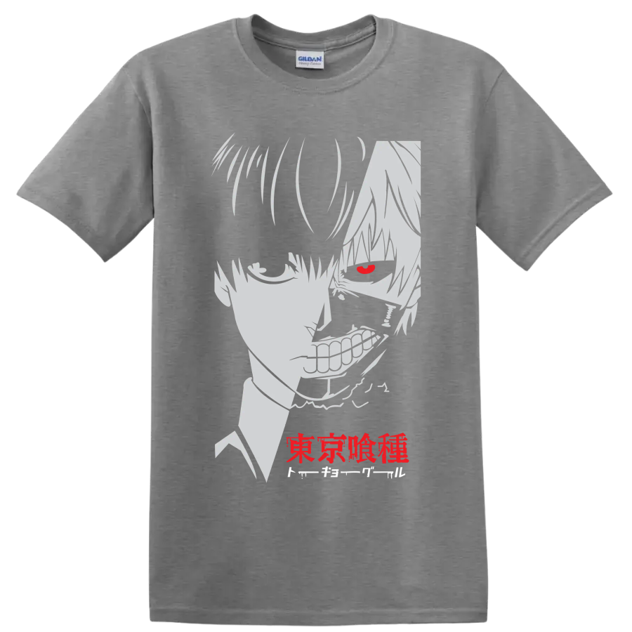 Ken Kaneki Tokyo Ghoul manga portrait with red eye, grin, and Japanese lettering on a Sport Grey T Shirt