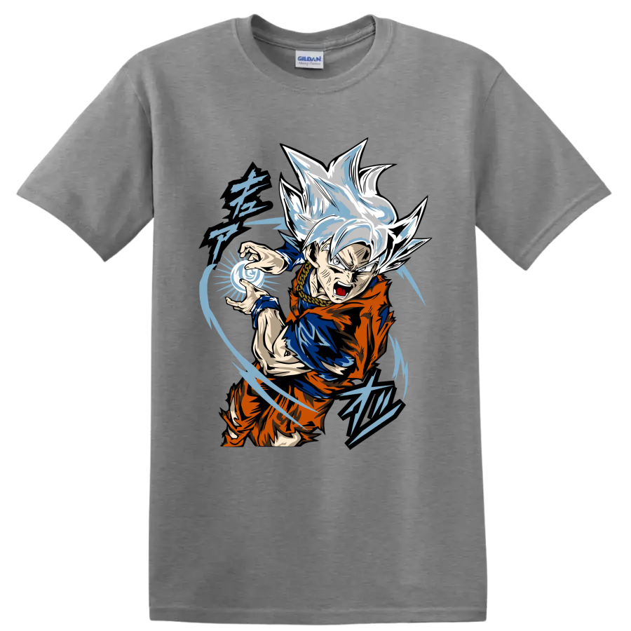 Goku Ultra Instinct anime fighter with blue energy sphere and sweeping action lines on a Sport Grey T Shirt