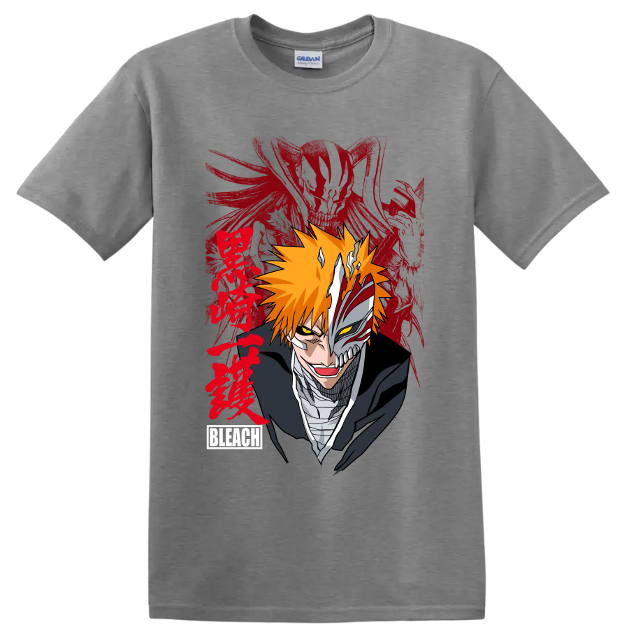 Ichigo Kurosaki split Hollow mask portrait with orange hair and red brushstroke art on a Sport Grey T Shirt