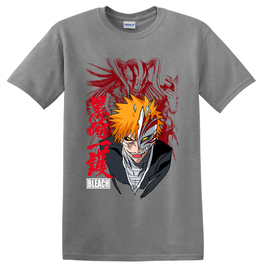 Ichigo Kurosaki split Hollow mask portrait with orange hair and red brushstroke art on a Sport Grey T Shirt
