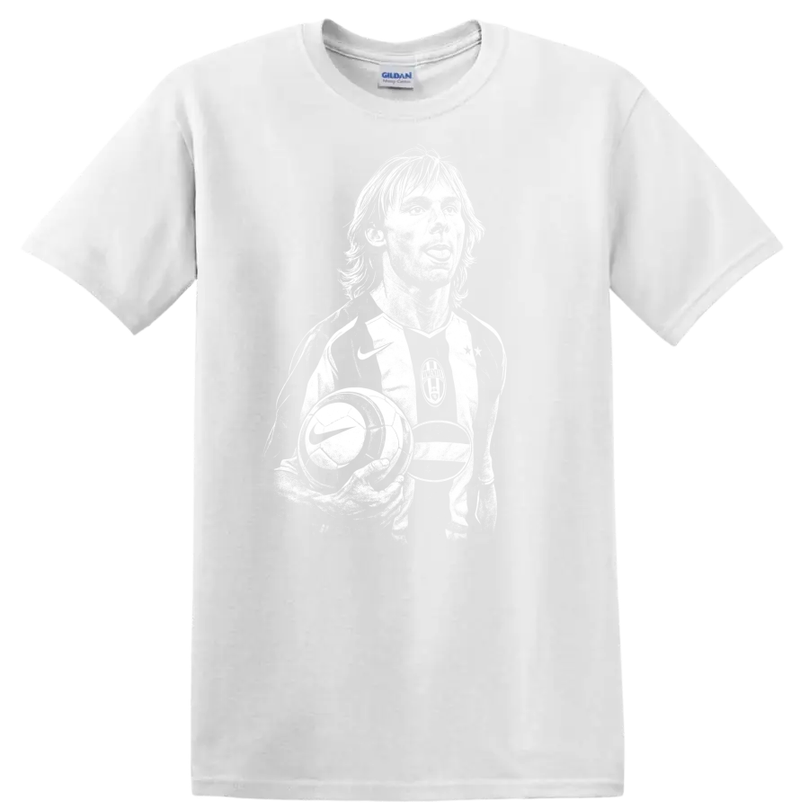 Black and white retro soccer portrait graphic T shirt featuring Pavel - White