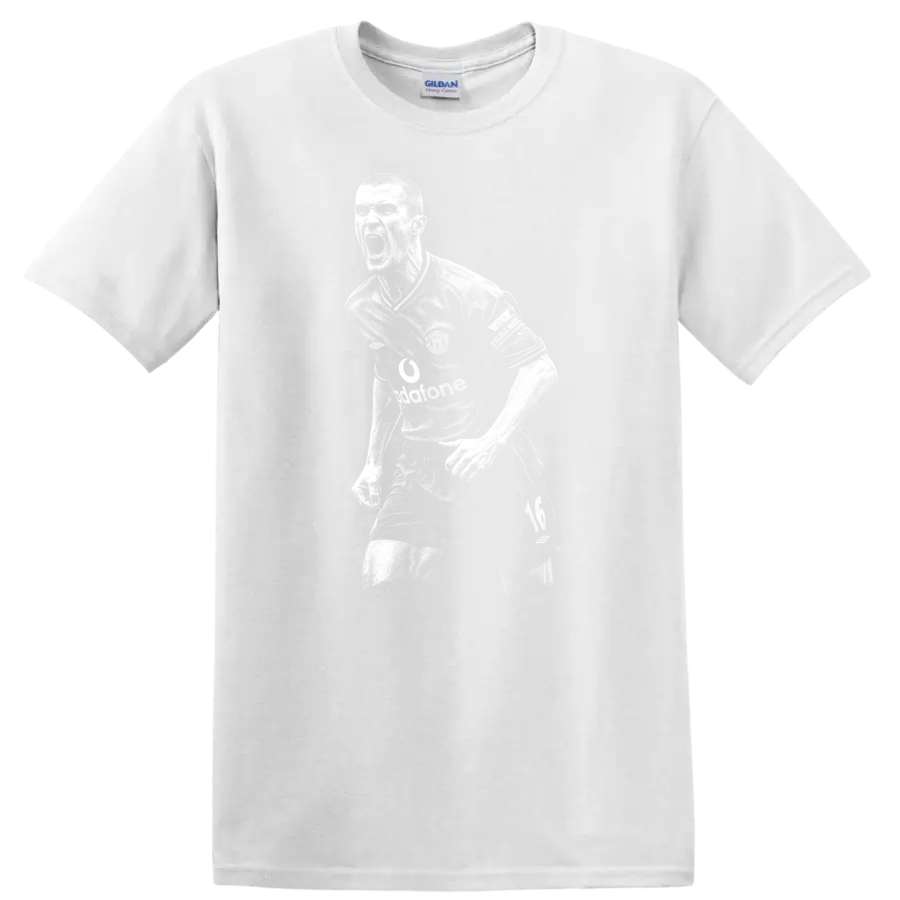 High-contrast retro soccer portrait of Roy Keane style T-shirt - White